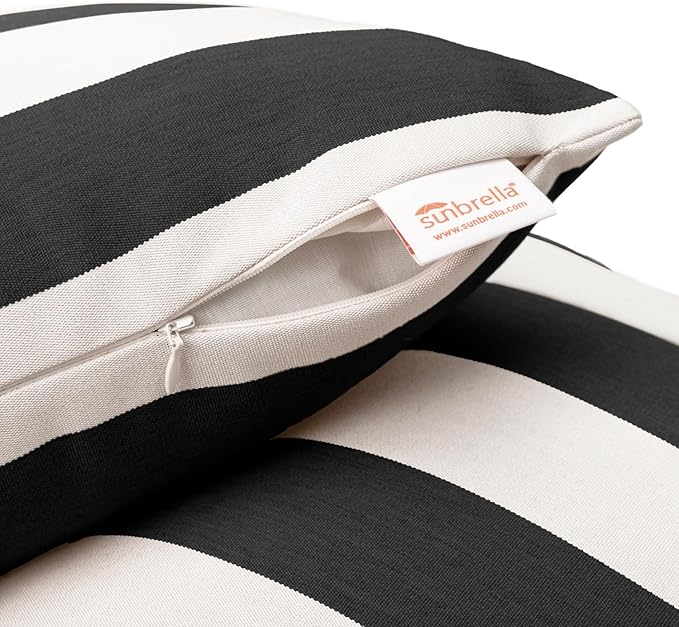 Austin Horn Classics Sunbrella Cabana Stripe White/Black, Zippered Boudoir Pillow Cover ONLY (Set of 2) Indoor/Outdoor, Fill Sold Seperately