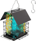 LUJII Solar Bird Feeder for Outdoor Hanging, 2 Suet Cake Cages, Hand-Blown Glass Container, Metal Roof, All-Weather Design for Woodpeckers, Teal