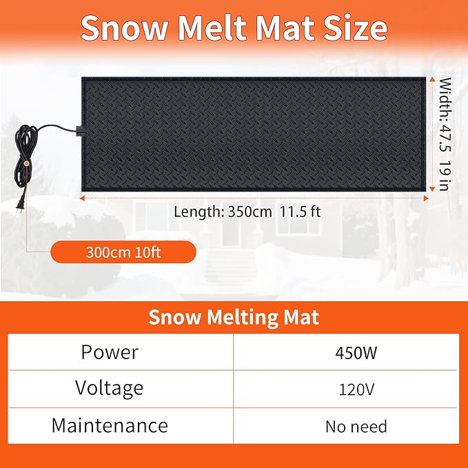 Snow Melting Mats for Roof Valley Walkways, Anti-Slip 120V Outdoor Heated Ice Removal, Roof Deicing System Black 19 in x 11.5 ft
