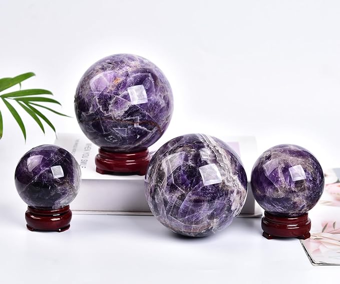 JIC Gem Chevron Amethyst Crystal Ball Healing Crystals Sphere with Wooden Stand Meditation Home Decor 2.3-2.7 inch (60-70mm)