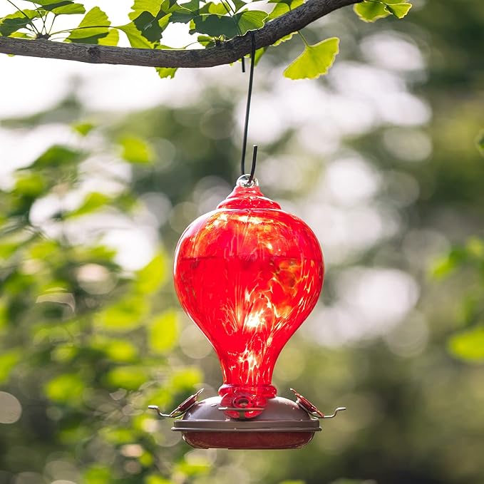 2 Packs Hummingbird Feeder for Outdoors Hanging Ant and Bee Proof, 32OZ Hand Blown Glass Hummingbird Feeders for Outside, Christmas Decoration Gifts for Mom (Teal & Red)