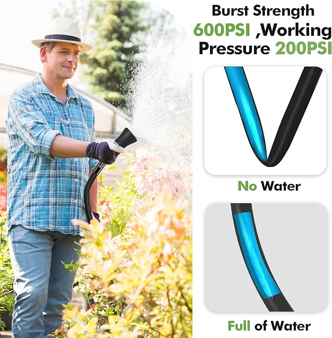 SPECILITE 5/8" Garden Hose 25 ft with High Flow Nozzle, Heavy Duty Flexible Hybrid Rubber Water Hose for Outdoor, Lightweight, Leak-Proof, No-Kink, 3/4"Stainless Steel Fittings,Black