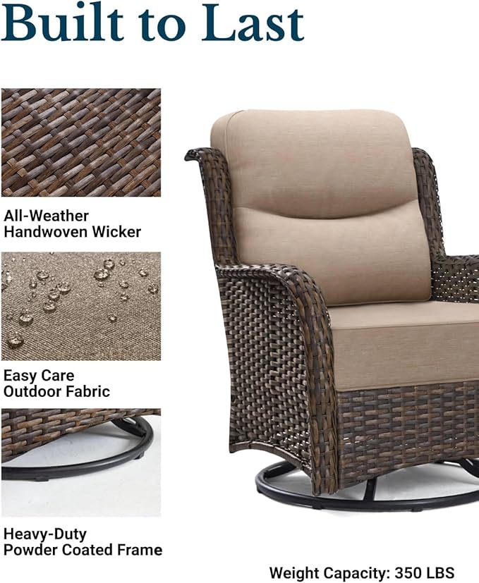 HILLGA Luxury Outdoor Swivel Rocker Patio Chairs of 2 with 6 Inch Thick Cushions and Side Table, Swivel Outdoor Chairs 3PCS High Back Wicker Patio Furniture Set for Porch, Balcony, Deck in Beige