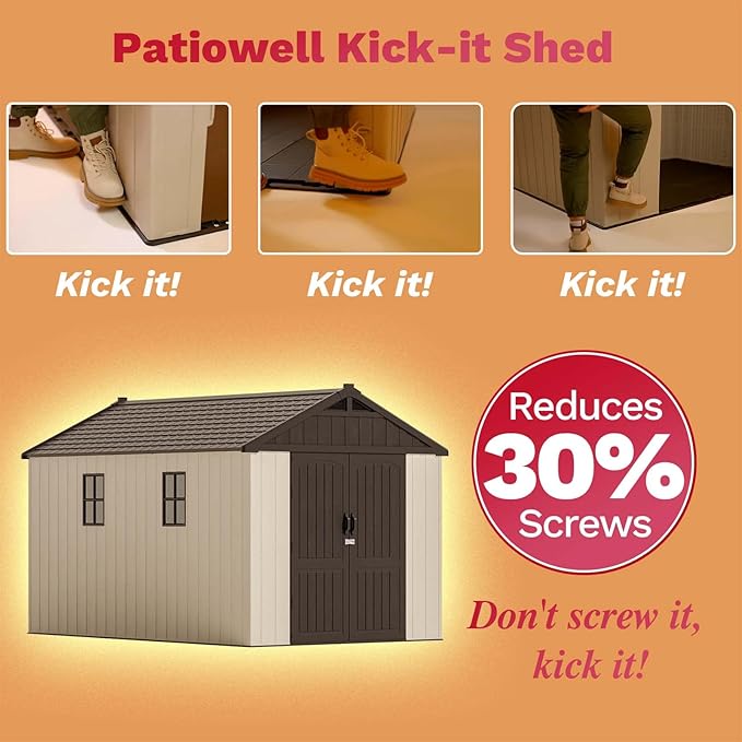 Patiowell 8 x 12 FT Plastic Outdoor Storage Shed with Floor, Resin Shed with Window and Lockable Door for Garden, Backyard, Tool Storage Use, Easy to Install in Beige (Kick-it Shed)