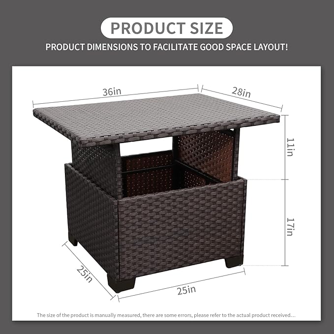 Outdoor Table with Storage Outside Patio Table Wicker Convertible Coffee Table All-Weather Rattan Coffee Table, Brown