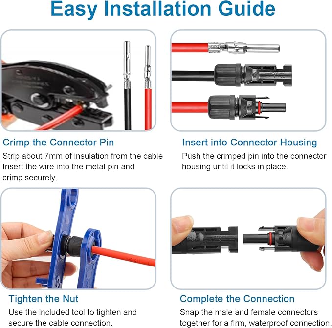 Solar Extension Cable 10AWG, 100FT Red & Black Solar Panel Wire with Solar Connector, PV Wire with Disconnect Wrenches & Extra Male/Female Connectors for RV, Camper, Inverter, Off-Grid System