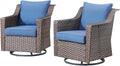Outdoor Patio Wicker Swivel Chairs - Set of 2 Outside Resin Rattan Rocker Glider Gliding Chair Rocking Armchairs for Front Porch Balcony Backyard Yard Deck Poolside Apartment – Brown/Blue
