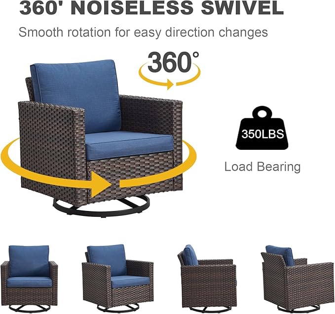 Wicker Patio Furniture Set, 6 PCS Outdoor Patio Furniture Set with Swivel Chairs, Includes 2 Swivel Patio Chairs, 1 Outdoor Couch, 1Side Table and 2 Ottoman, Brown/Blue