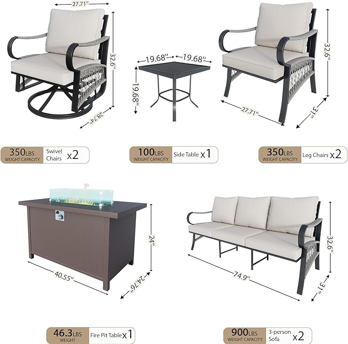 8 Pieces Outdoor Patio Conversation Sets with All Weather Cushions, Metal 2 Three-Seater, 2 Swivel Rockers, 2 Single Chairs, 1 Side Tables, 1 Fire Pit Table for Backyard Deck Porch Poolside, Beige