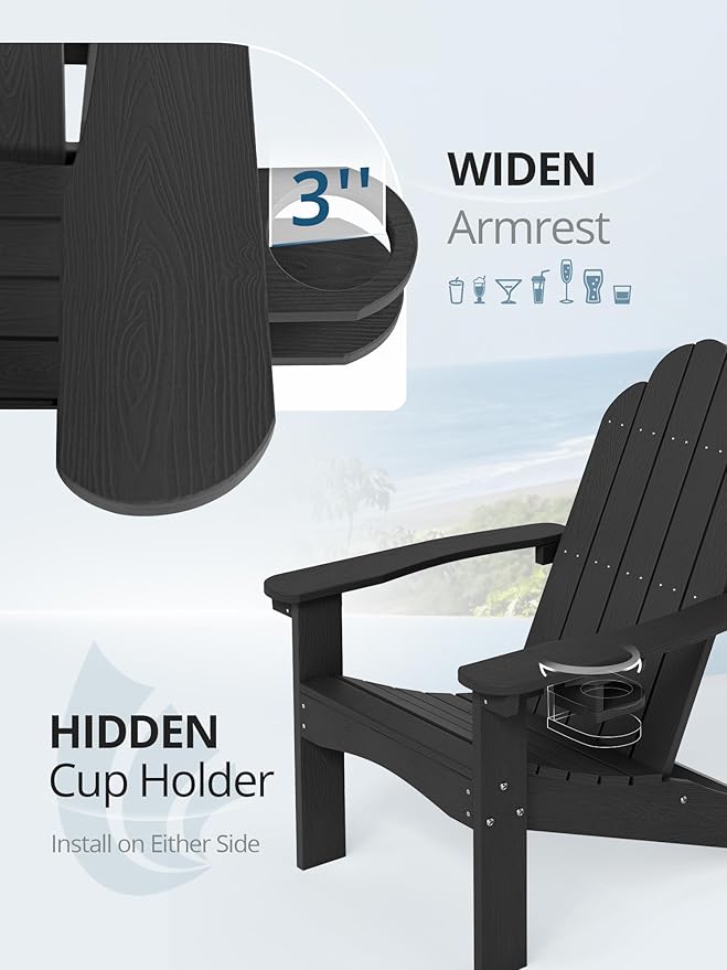 LUE BONA HDPE Adirondack Chairs Set of 2,Plastic Adirondack Chairs with Cup Holder Weather Resistant for Outdoor, Patio, Lawn, Garden, Backyard Deck, Fire Pit, Black