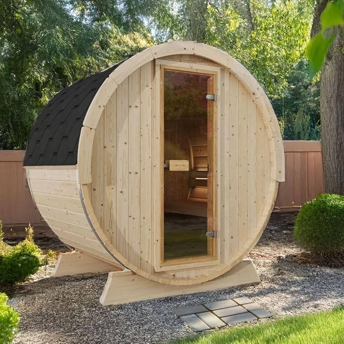 EuroSauna 2-Person Outdoor Barrel Sauna with Shingles, Lighting, & 6kW Harvia Sauna Heater, 81x59