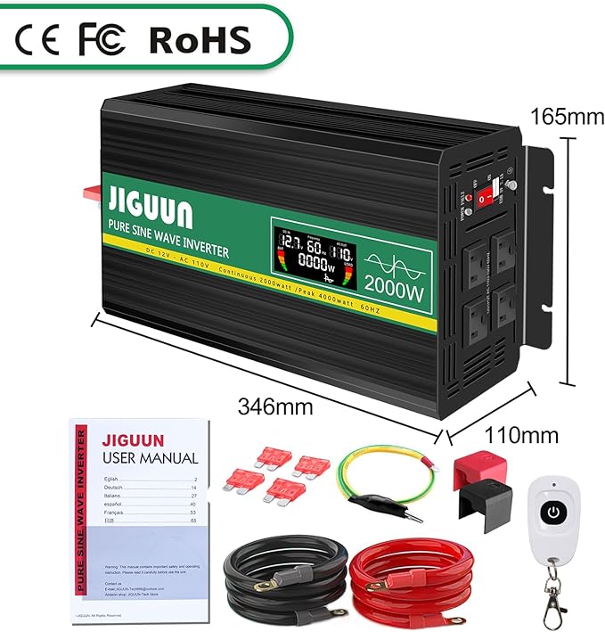 JIGUUN Power Inverter 2000 Watt, DC 12V to AC 120V Pure Sine Wave Inverter with LCD Display, 4 AC Outlets&USB Output, Power Converter with Remote Control for RV Emergency Camping. (PRO2000W-12)