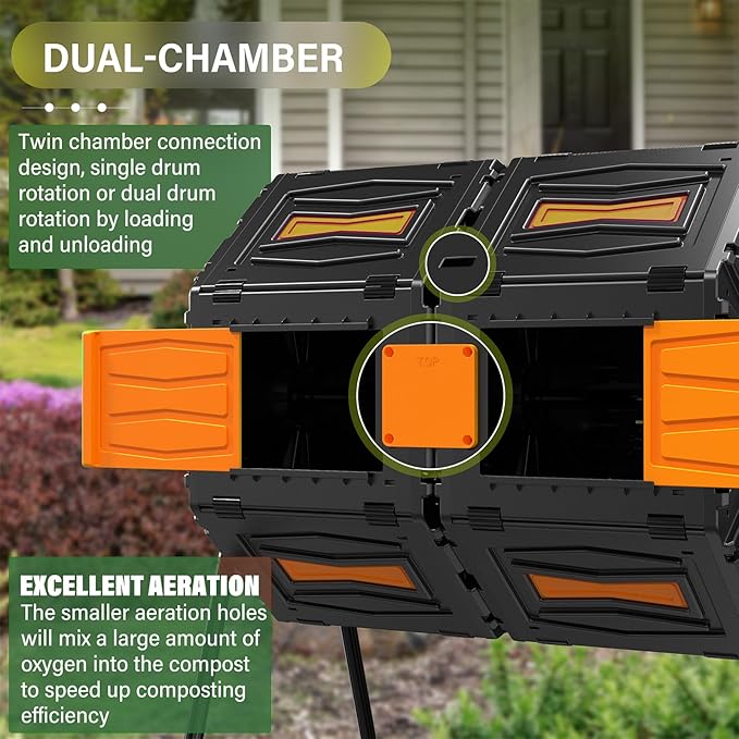 Compost Bin Outdoor 45 Gallon, BPA-Free Dual Chamber Rotating Composter for Kitchen Waste, Heavy-Duty Fast Compost Tumbler Great Sustainable Gift for Winter Garden Yard & Spring Ready Soil