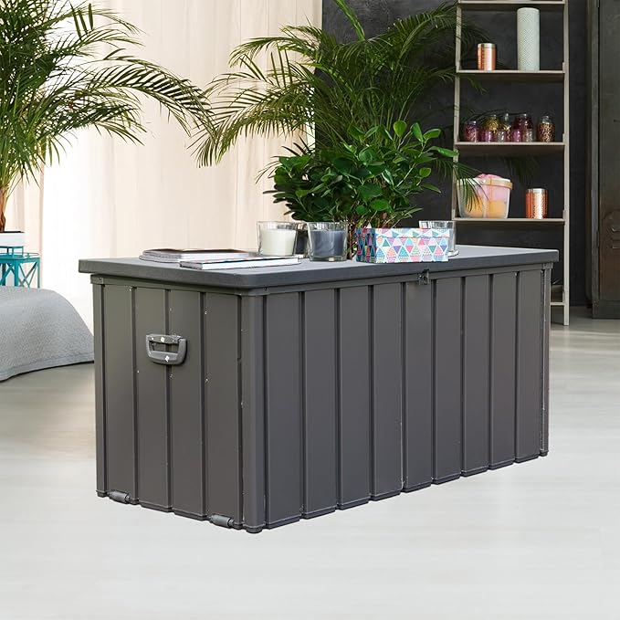 CHUNLY 100 Gallon Outdoor Waterproof Deck Box with Lockable Resin Lid, Storage Bench w/Mobility Rollers, All-weather Patio Storage Box for Outside Furniture Cushions, Garden Tools (Dark Gray)