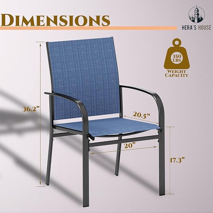 HERA'S HOUSE Patio Dining Chairs Set of 4, 36" Textilene Fabric Outdoor Chair with Wrought Iron Metal Frame Support 350lbs for Garden Lawn Backyard Kitchen Deck, Blue