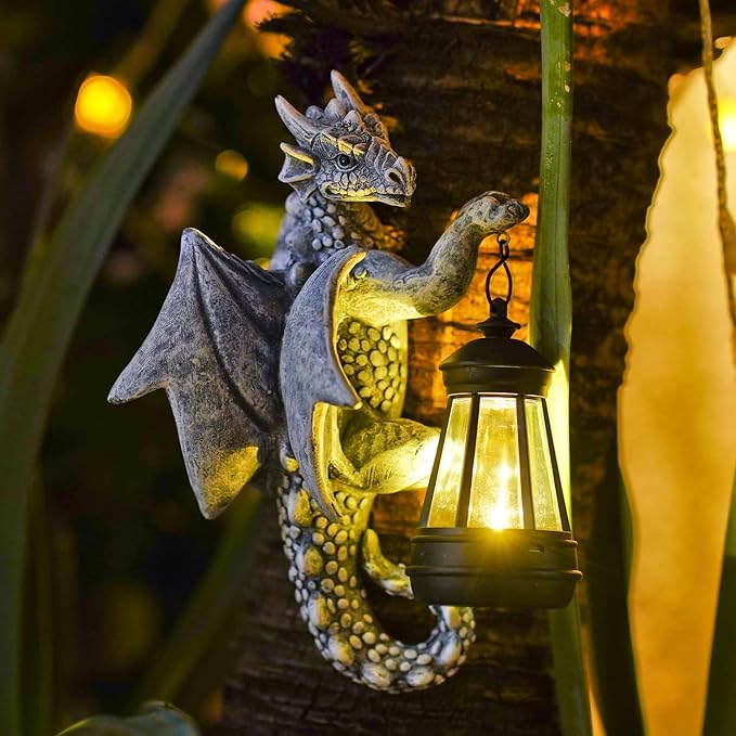 Dragon Tree Hugger Garden Decor - 9.3 Inch Garden Statues Lawn Ornaments for Outside Balcony Yard Whimsical Art Outdoor,Medieval Fantasy Halloween Decor