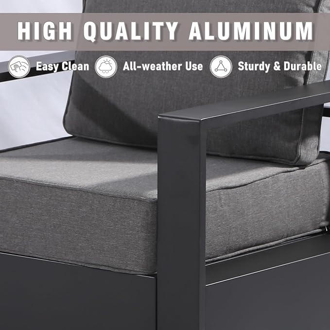 5 PCS Aluminum Patio Conversation Set - 3-Seater Sofa, 2 360° Swivel Chair, 2 Fixed Chair with 6" Thick Water-insistant Cushions, All-Weather Use Removable Cover, Ideal for Garden, Poolside (Grey)