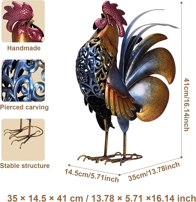 Rooster Garden Statues,Vintage Chicken Statue for Outdoor Decor, Regal Mighty Metal Rooster,Perfect Handmade Gift for Housewarming, Frinds, Garden Lover