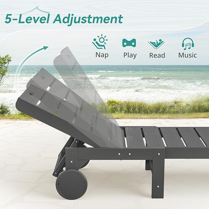 Outdoor Chaise Lounge Chairs with Table, 6-Piece, 26.8” Super Wide Lounge Chair Outdoor, HDPS Pool Chairs with 5 Positions, Patio Lounge Chair with Wheels for Pool,Lawn,Backyard, Dark Gray