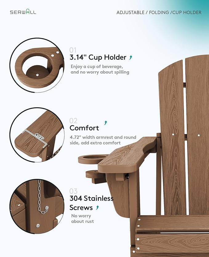 SERWALL Folding Adirondack Chair Set of 8, Reclining Adirondack Chair with 3 Recline Positions, All Weather HDPE Outdoor Adirondack, Brown