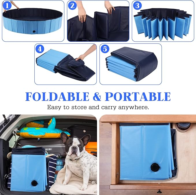 Foldable Dog Pool, Portable Pet Bath Tub and Kiddie Swimming Pool, Collapsible Bathtub for Puppies, Small, Medium and Large Dogs, Cats and Kids, 79 x 12 in, Blue