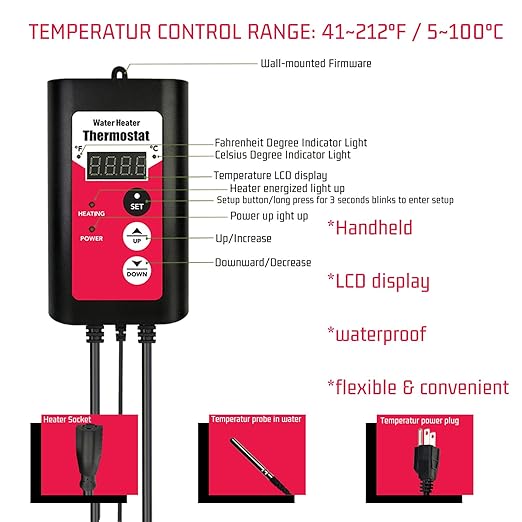 2000W Titanium Submersible Electric Immersion Water Heater with Temp Control & GFCI – Portable Heater for Hot Tubs, Above-Ground Pools, Inflatable Pools, Baptism Pools, Spa Tubs & Bathtubs