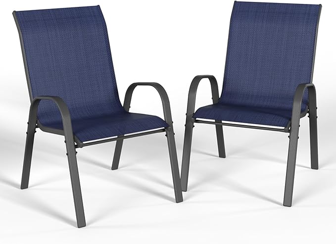 Patio Dining Chairs Set of 2, Stackable Dining Chairs High Back, Breathable Seat Fabric and Alloy Steel Frame Fit Backyard, Porch, Lawn，Poolside (Blue)