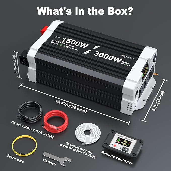 1500 watt Pure sine Wave Inverter, 12V DC to 110V AC Power Inverter, Used for Solar Emergency Power Supply in RV Homes, with 3 AC Output sockets, USB Port, Type-C Port, Remote Control with LCD Screen