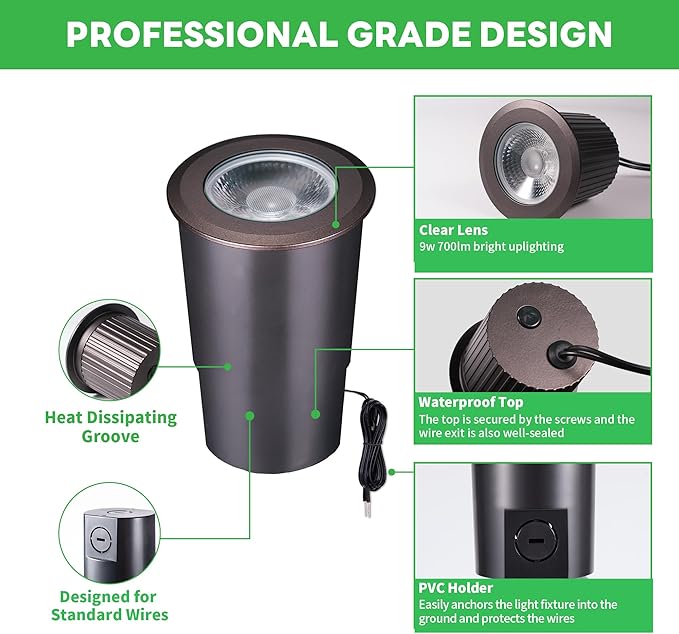 LED Well Lights Low Voltage Outdoor - IP67 Waterproof 12V Ground Fixture, Warm White & Cool White Hard-Wired Landscape Lighting, ORB Aluminum for Wall Walkway Patio 9W 700LM 6 Pack