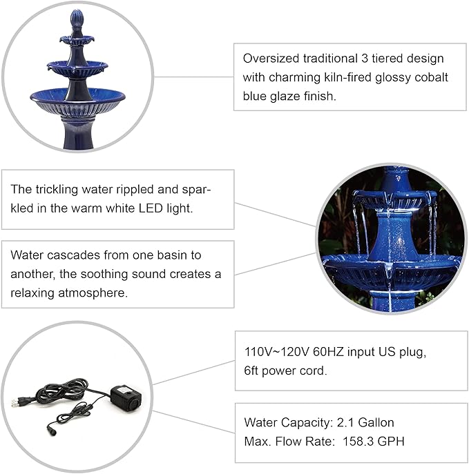 Glitzhome Outdoor Fountain and Waterfalls 3 Tier Patio Fountains, 45.25" H Ceramic Water Fountain with Pump & LED Light Garden Outdoor Floor Stand Fountains for Backyard Deck Lawn Porch, Cobalt Blue