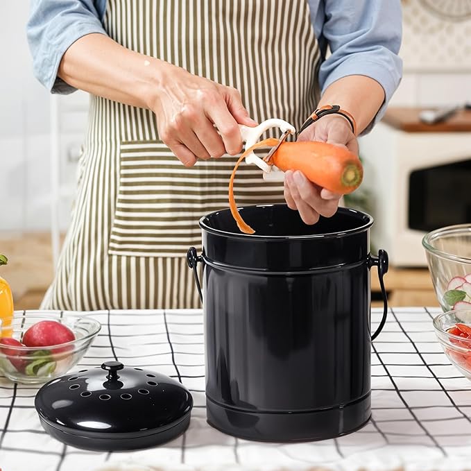 Plexon Countertop Compost Bin Kitchen Indoor with Lid, Black 1.5 Gallon Odorless Kitchen Container, Steel Food Compost Bucket with Charcoal Filter, Compost Pail for Countertop