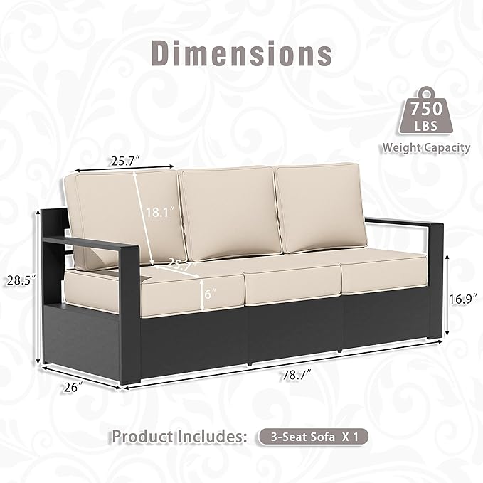3 PCS Aluminum Patio Conversation Set - Outdoor 3-Seater Sofa, 2 Fixed Chair with 6" Thick Water-insistant Cushions, All-Weather Use Frame, Removable Cover, Ideal for Garden, Poolside (Beige)