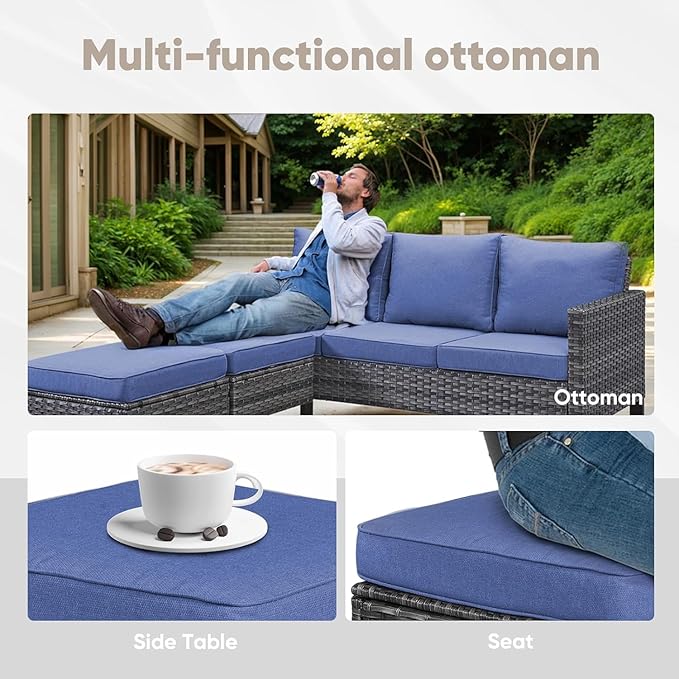 Wicker Patio Furniture Set, 6 PCS Outdoor Patio Furniture Set with Swivel Chairs, Includes 2 Swivel Patio Chairs, 1 Outdoor Couch, 1Side Table and 2 Ottoman, Grey/Blue
