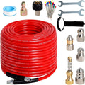 Sewer Jetter Kit for Pressure Washer 150FT, 5800PSI Drain Cleaner Hose 1/4 Inch NPT Corner with 5 Sewer Jetting Nozzles，Waterproof Tape，Pearl Corsage Pin & 2 Spanners (Red)