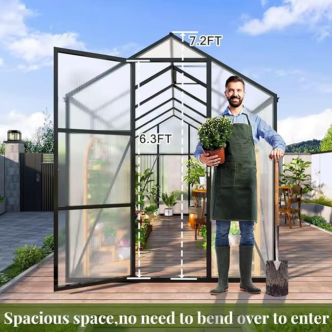 7.2FT High 6*6.2FT Greenhouse for Outdoors,Polycarbonate Greenhouse with Stronger Wind Protection and Roof Vent,Walk-in Large Aluminum Sunroom Winter Proof,Black
