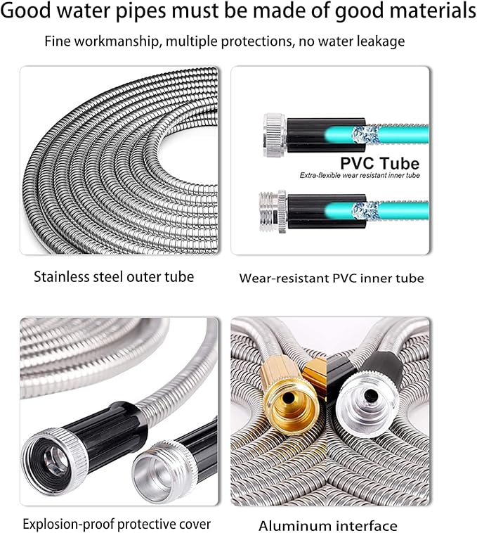 75ft Metal Garden Hose Stainless Steel Heavy Duty Water Hose With 2 Nozzles, No Tangle and Kink, Lightweight & Flexible, Tough and Pet Proof, Metal Garden Hose for Yard, RV, Garden, Outdoor