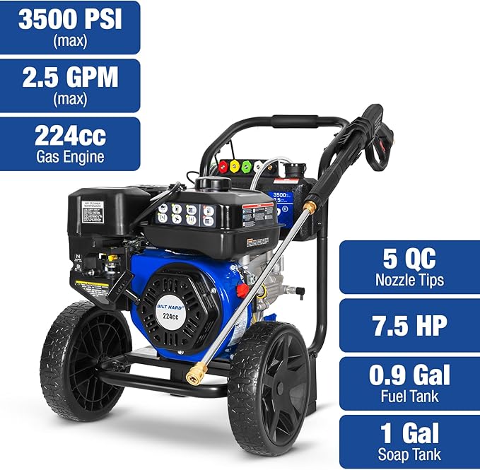 BILT HARD Gas Pressure Washer, 3500 PSI 2.5 GPM, Gas Powered Pressure Washer with Copper Pump, Spray Gun and Extension Wand, 5 Quick Connect Nozzles, for Cleaning Cars, Homes, Driveways, Patios