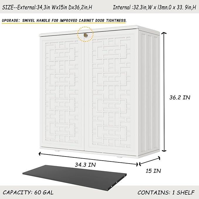 Indoor Outdoor Storage Cabinet Waterproof with Shelf, Off White Plastic Outdoor Cabinets for Patio/Garden/Backyard, Size 34.3''L*15''W*36.2''H