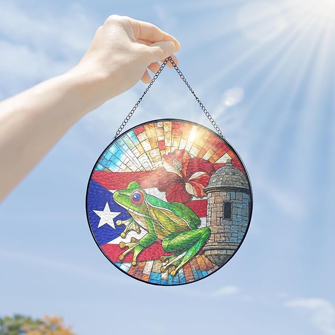 FLAGWIX Christmas Puerto Rico Gifts - Stained Glass Window Hanging 10 in - Puerto Rican Gifts for Women Men, Coqui Sun Catchers Indoor, House Warming Gift for Mom Dad Puerto Rican, Friend Gift Ideas