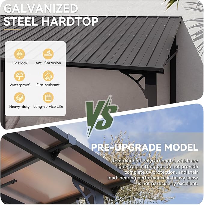 Aoxun 10' x 12' Lean to Gazebo, Hardtop Outdoor Pergola with Sloping Galvanized Steel Roof, Large Wall-Mounted Heavy Duty Awnings for Patio, Backyard, Deck, Porch (Black)