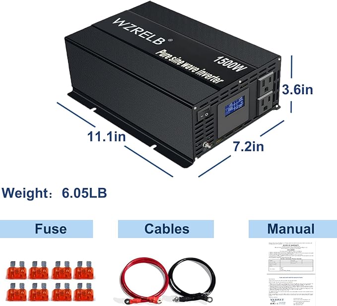 WZRELB 1500W Pure Sine Wave Inverter 24VDC to 120VAC Solar Power Converter Truck RV Home LCD Display
