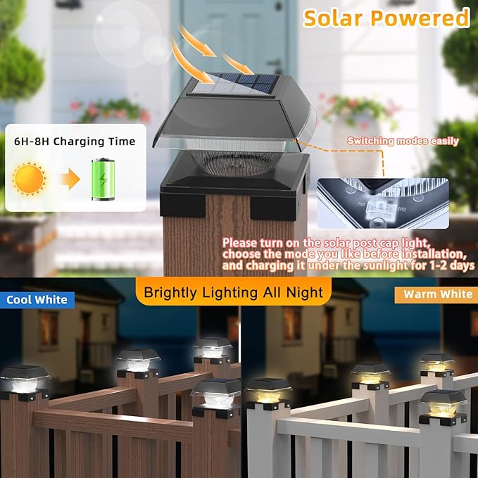 INDARUN 4x4 Post Solar Lights, Fence Deck Post Solar Outdoor Lights Fit 4x4 5x5 6x6 Wood Posts/4x4 Vinyl Posts Caps, Cold White & Warm White, 120 Lumen, for Patio Porch Garden Landscape Lighting