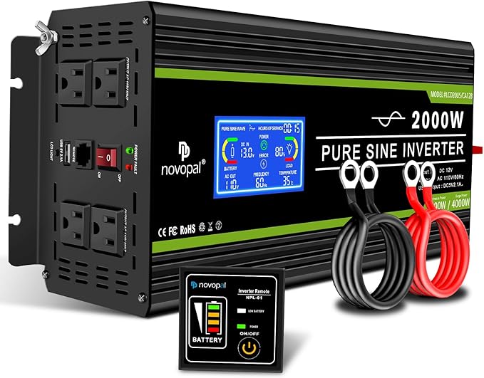 NOVOPAL 2000 Watt Pure Sine Wave Power Inverter DC 12V to AC 110V 120V Rv Inverters with 1 USB Port-16 feet Remote Control, LCD Display for Truck, Hurricane, Home