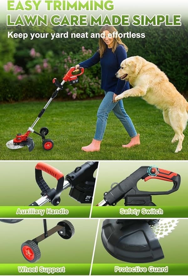 Cordless Weed Wacker, 12-Inch Electric Weed Wacker, Brushless Grass Trimmer with Wheels, 2×4.0Ah Batteries, Lightweight Electric Weed Eater with Telescoping Shaft for Lawn, Yard, Garden, Red