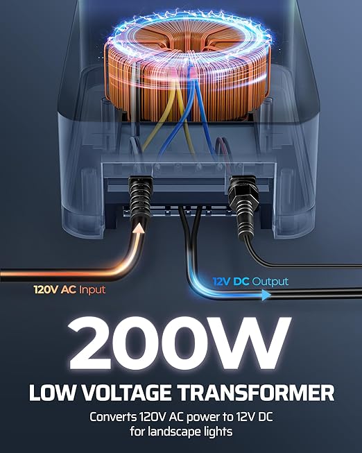 DEWENWILS 200W Low Voltage Landscape Transformer, 120V AC to 12V DC, Outdoor Landscape Lighting Transformer with Remote, Photocell Sensor & Timer, Weatherproof for Garden Spotlights Pathway Lights