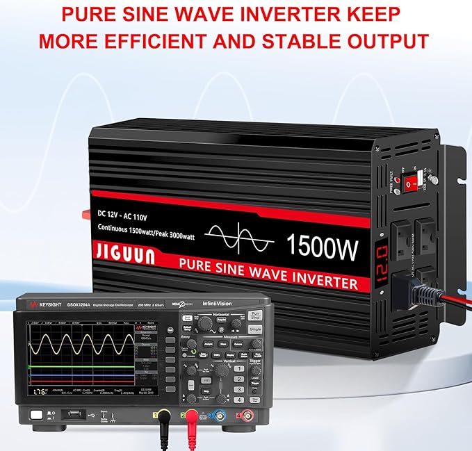 JIGUUN 3000W PeakPure Sine Wave Power Inverter 1500 Watt,12v DC to 110/120v AC Inverter 3 AC & USB Output,Power Converter LED Display for Home RV Camping Outdoor Car Truck