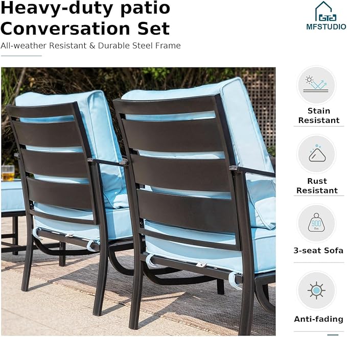 MFSTUDIO 6 Pieces Metal Patio Furniture Sets, 2 Swivel Chairs, 3-Seat Loveseat Sofa, 2 Patio Chairs & 1 Marbling Coffee Table, All Weather 7 Seats Outdoor Conversation Set for Garden Backyard, Blue
