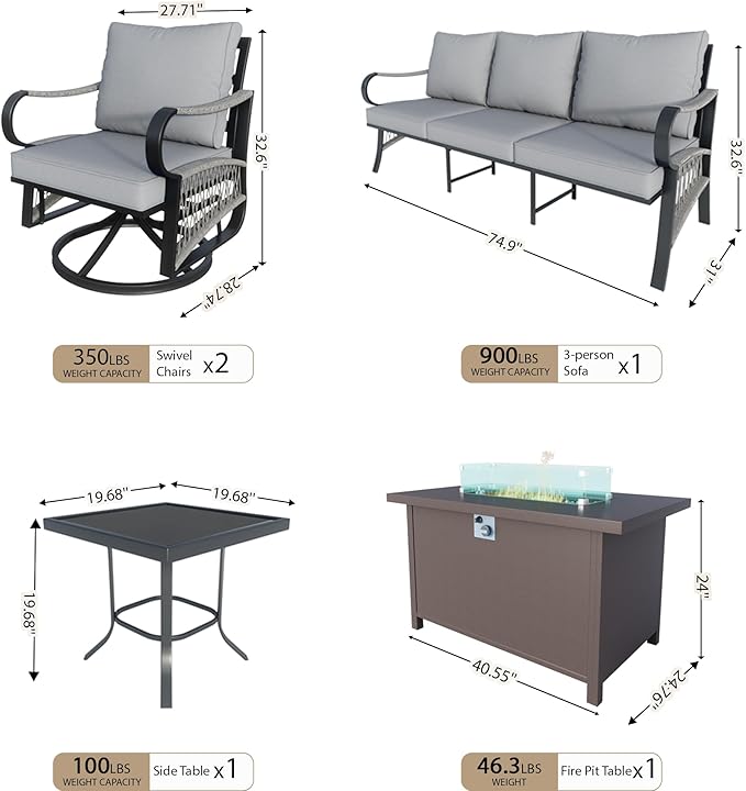 5 Pieces Patio Conversation Sets, All Weather Metal Outdoor Furniture Set, 3-Seater, 2 Swivel Rockers, 1 Side Tables, 1 Fire Pit Table for Backyard Garden Deck Porch Poolside, Gray