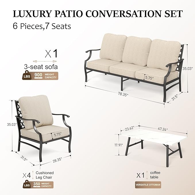 HERA'S HOUSE 6 Piece Patio Furniture Set, 4 x Fixed Metal Cushioned Chair, 1 x 3-Seat Sofa with Marbling Coffee Table, Outdoor Conversation Set for Lawn Garden Backyard Poolside
