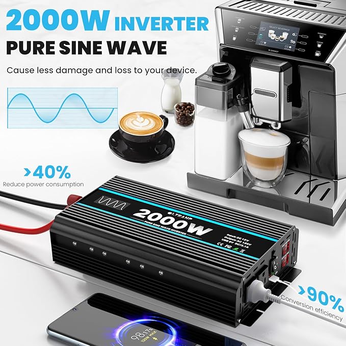 2000 Watts Pure Sine Wave Inverter 12V DC to 110/120V AC Power Inverter with 2 AC Outlets, 3.1A USB Port, LCD Display, Remote Controller, Car Power Converter for Truck, Home, Vehicles, Boat